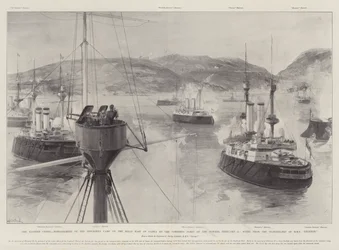 The Eastern Crisis, Bombardment of the Insurgent Camp on the Hills East of Canea by the Combined Fleet of the Powers, 21 February, Scene from the Fighting-Top of HMS Revenge